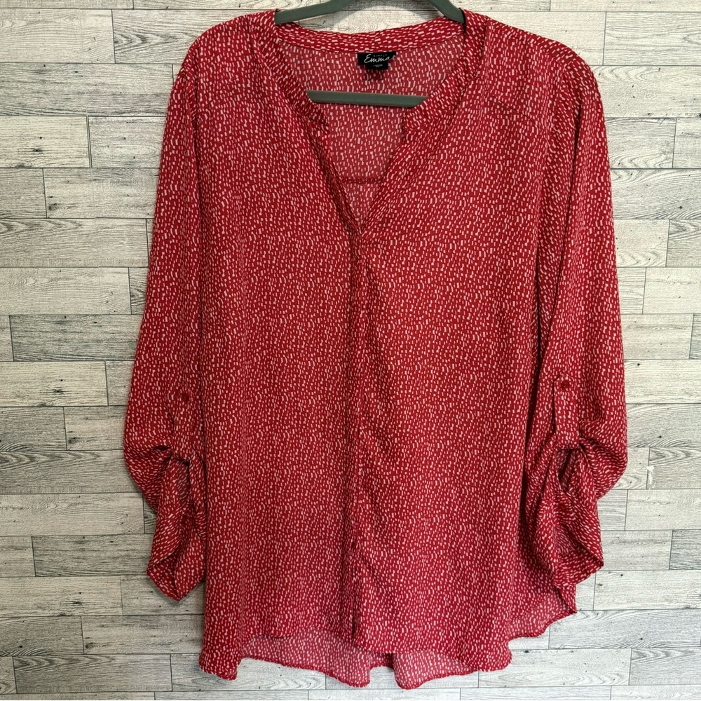 Simply Emma Womens Blouse Top Plus Size 2X Button Up Roll Tab Sleeve Red V-Neck